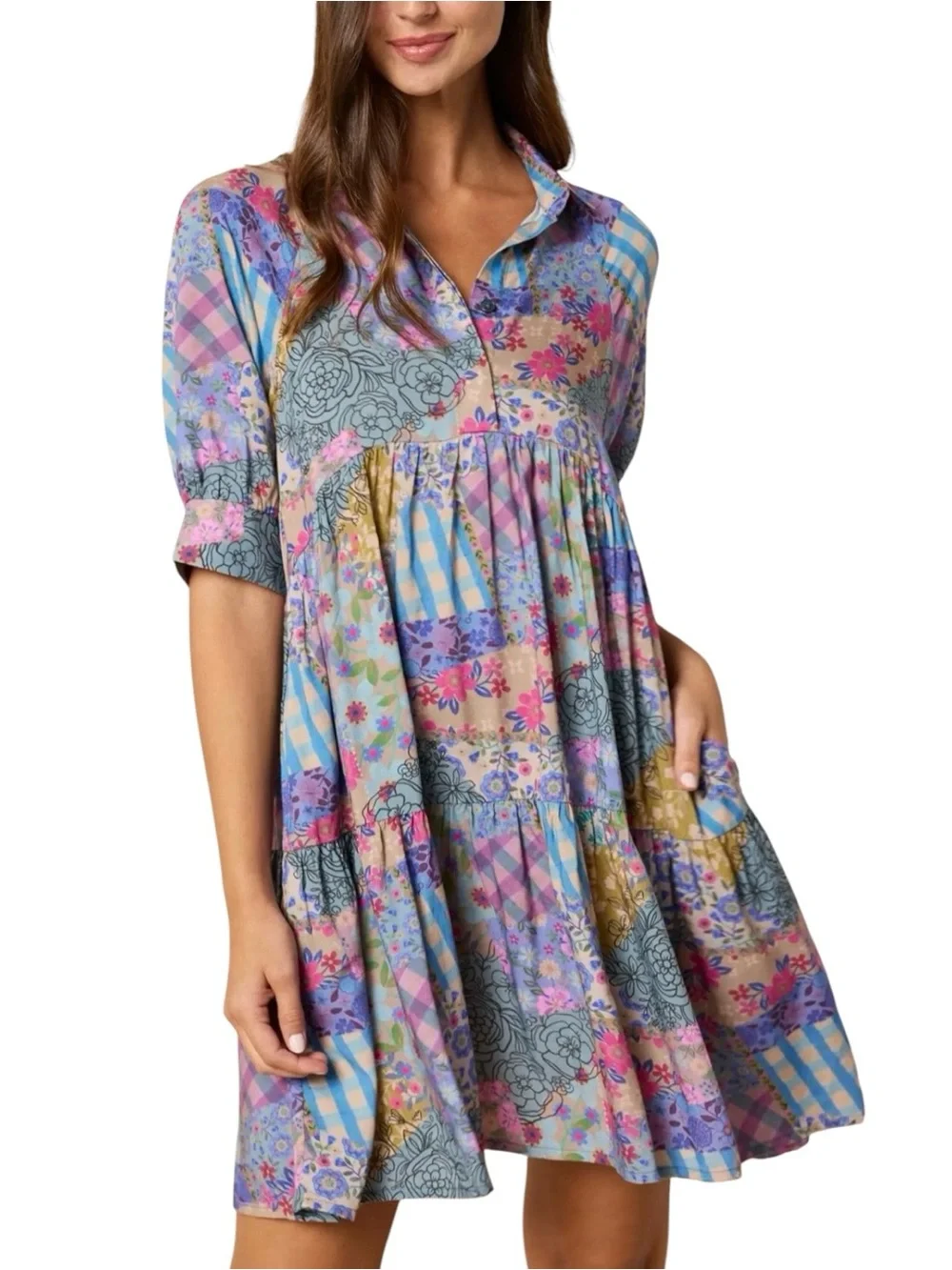 NATURAL LIFE Pastel Floral Patchwork Becca Mini Dress Small NWT Pockets Boho